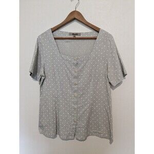 FLAX Linen Button Up Polka Dot Gray Blouse Shirt Square Neckline S